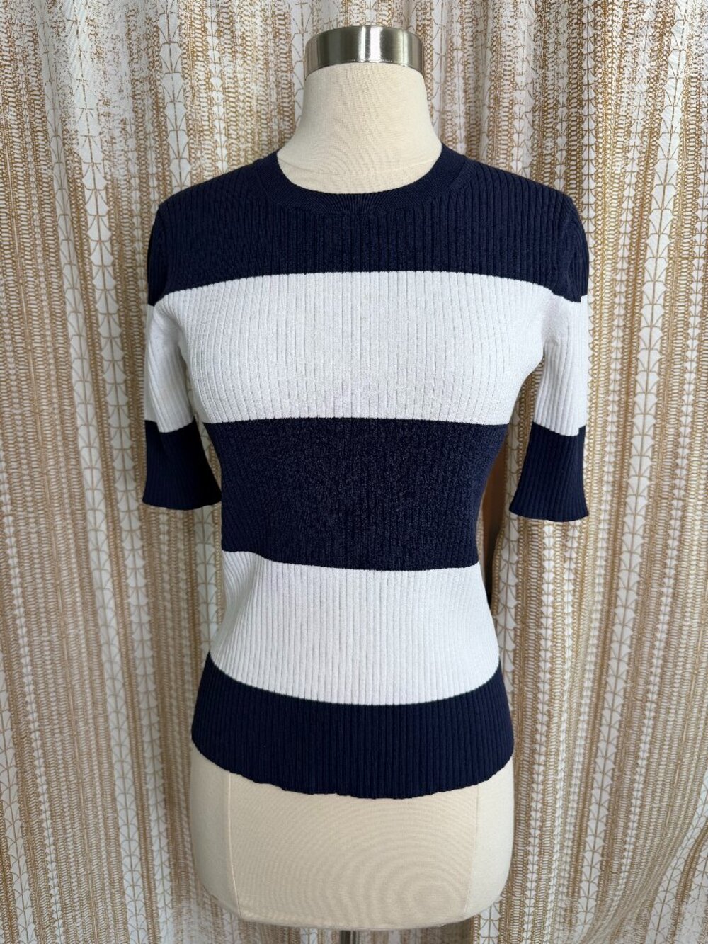 Tory Sport Navy White Colorblock Ribbed Knit Short Sleeve Sweater Size M